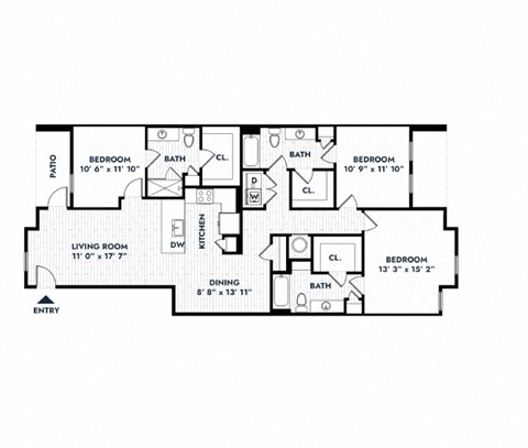 Floor plan for 3 beds, 3 baths, 1520 sqft